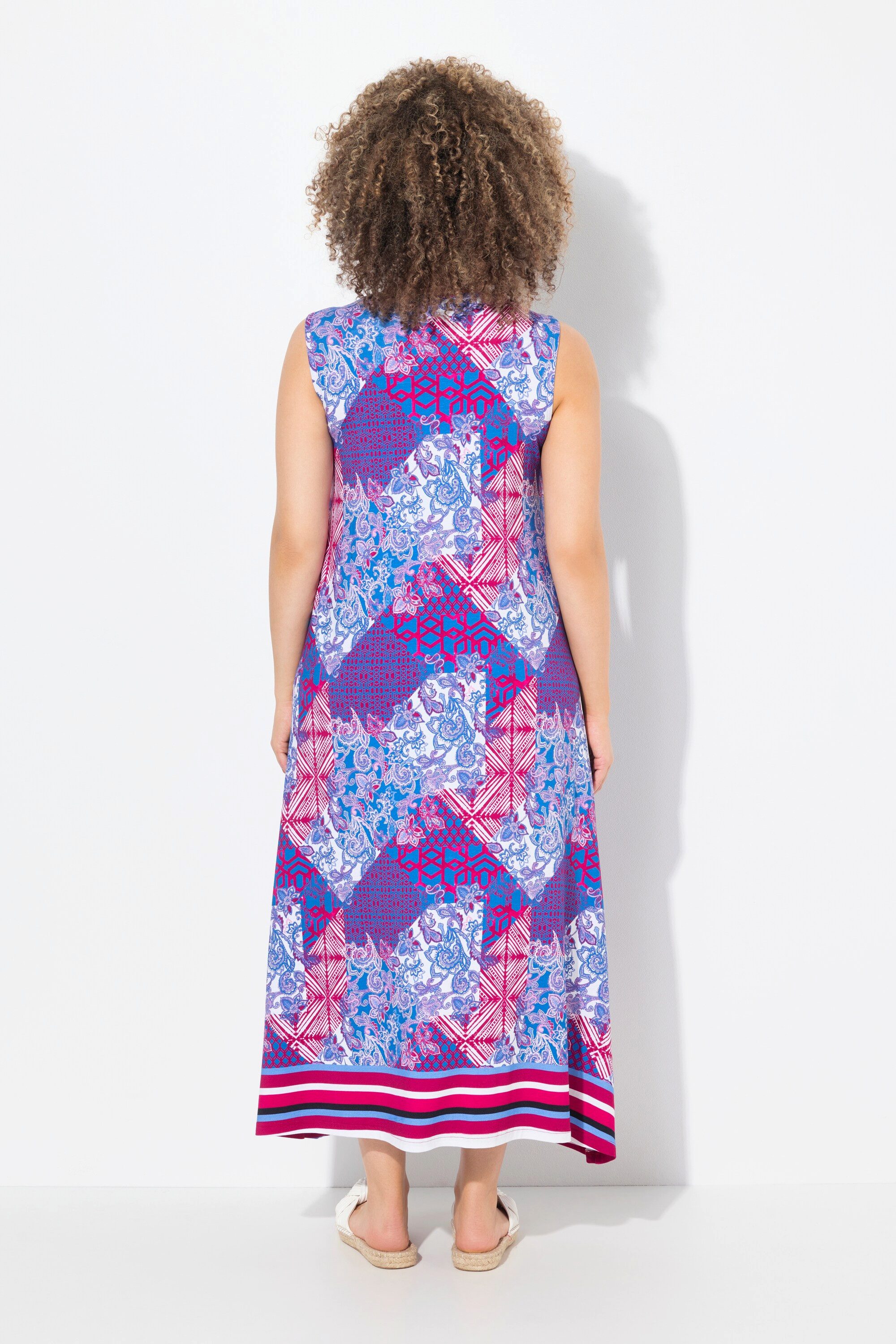 Ulla Popken Jerseykleid Maxikleid Patchdruck A-Linie V-Ausschnitt ärmellos