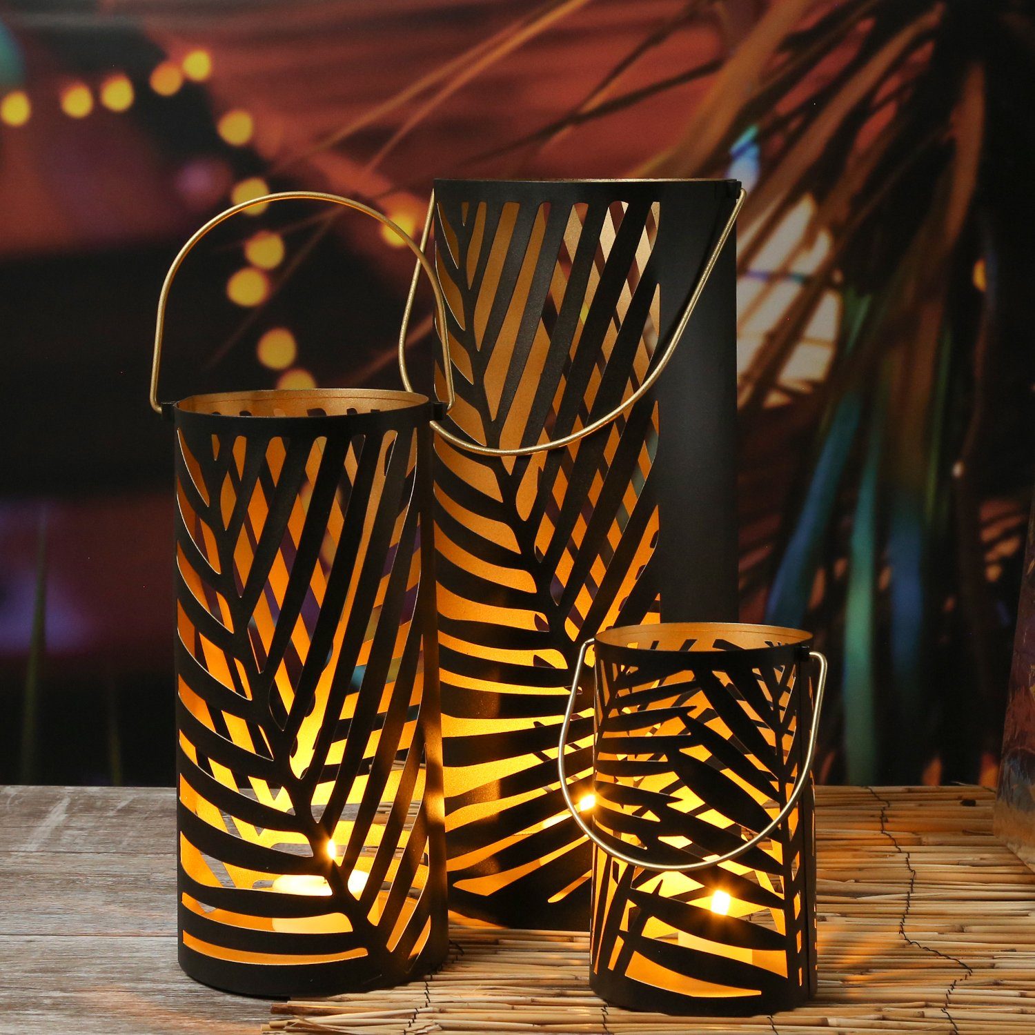MARELIDA Laterne Windlicht Blattmotiv Farn Laterne Metall Kerzenhalter 3 Größen 3er Set (3-St)
