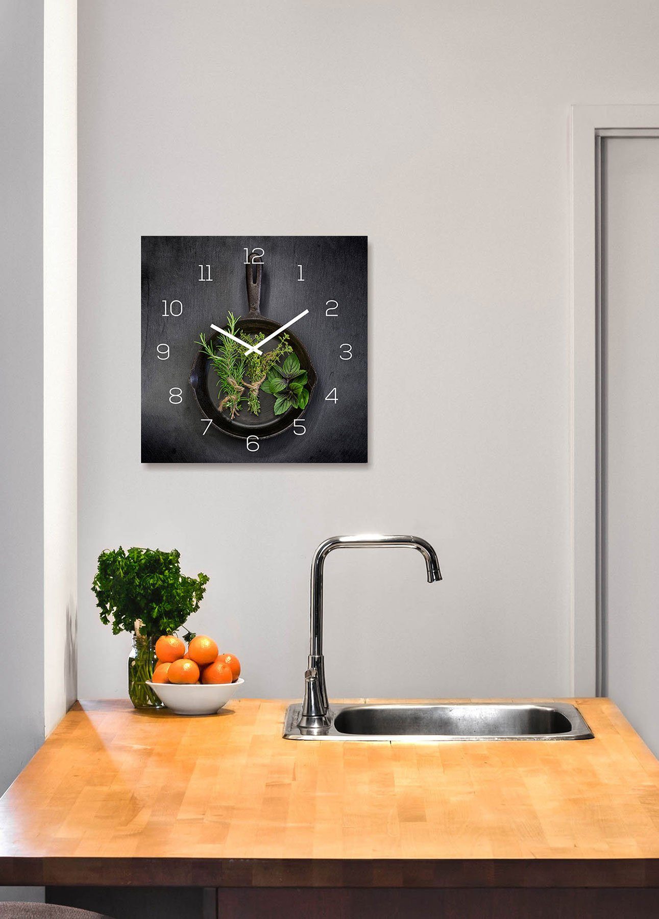 Wanduhr Levandeo® 30x30cm Alubild Uhr Kräuter Alu-Dibond Küche (Wanduhr Pfanne)