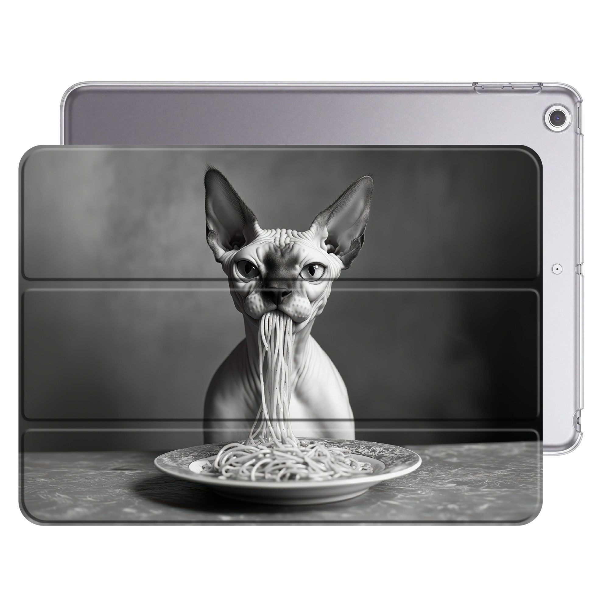 OnlyWow Tablet-Hülle Apple iPad Air 2 Sphynx - Katze - Tiere - Humor - Spaghetti - Schwarz, Smart Case, Auto-Sleep/Wake-Funktion, Stoßfest, Motiv