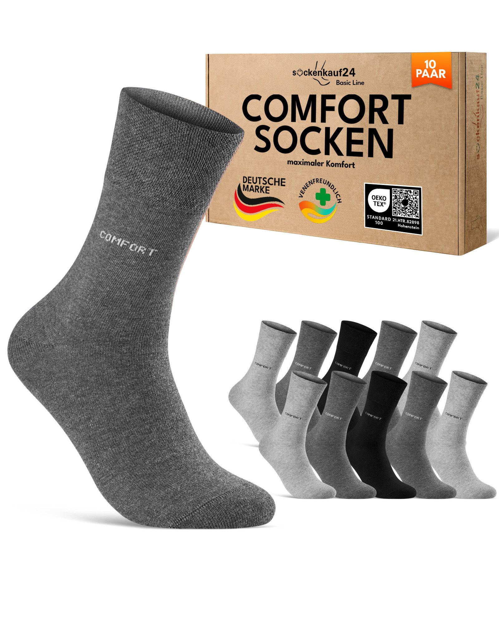 sockenkauf24 Gesundheitssocken Comfort Socken ohne Gummibund & ohne Naht mit Komfortbund (10-Paar) Diabetiker Socken ohne Gummi aus Baumwolle für Damen und Herren