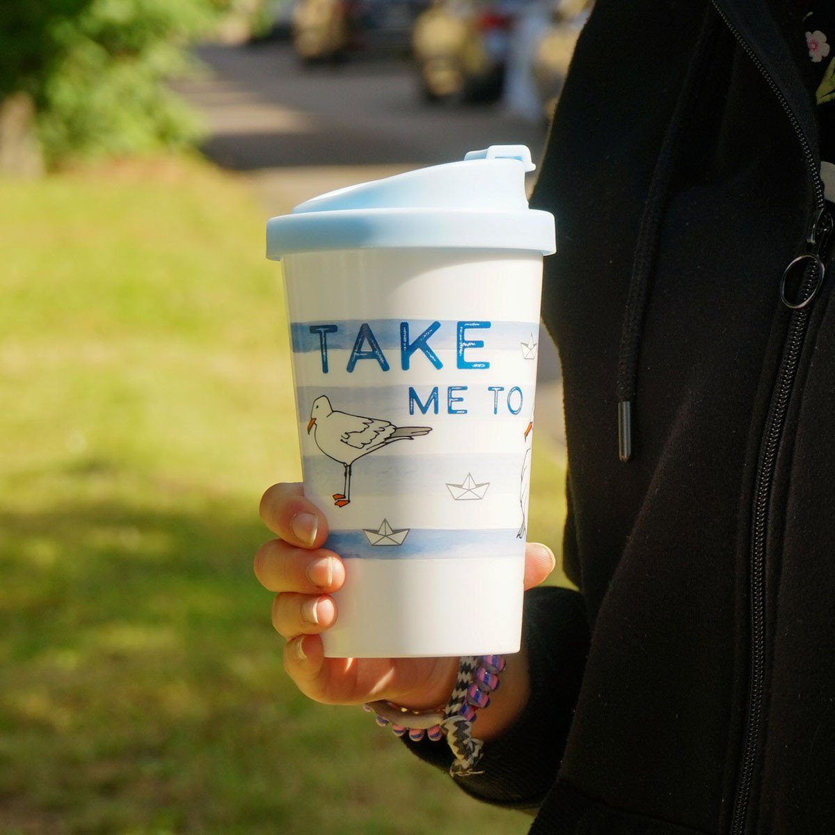 Geda Labels GmbH Coffee-to-go-Becher Take me to the ocean, 1-tlg., PP, Blau, 400 ml, doppelwandig, auslaufsicher