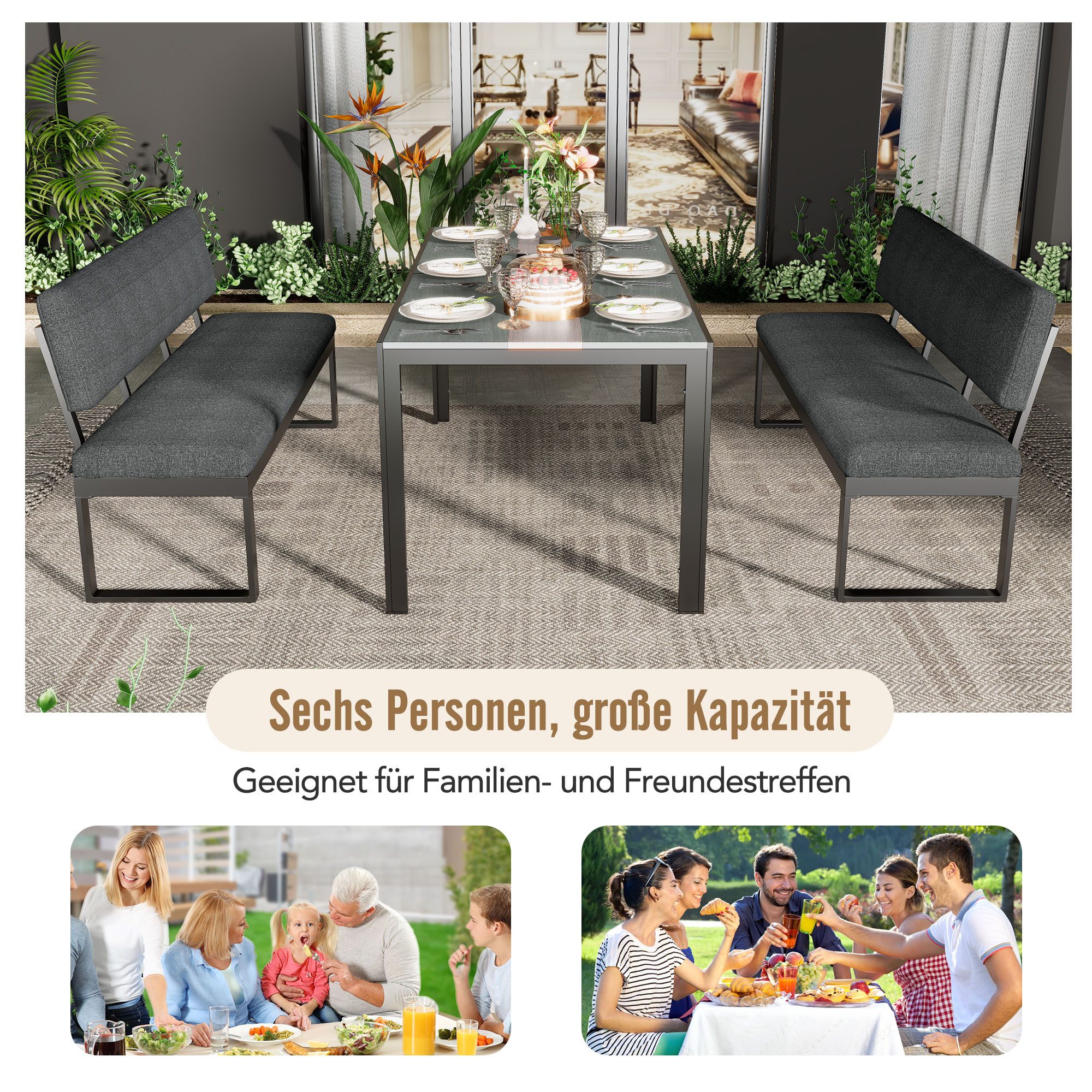 Garten-Essgruppe, (Gartenmöbel Set, 3-tlg., Sitzgruppe für 6 Personen), Gartenlounge Set Aluminium mit 2 Bänke und 1 Esstisch