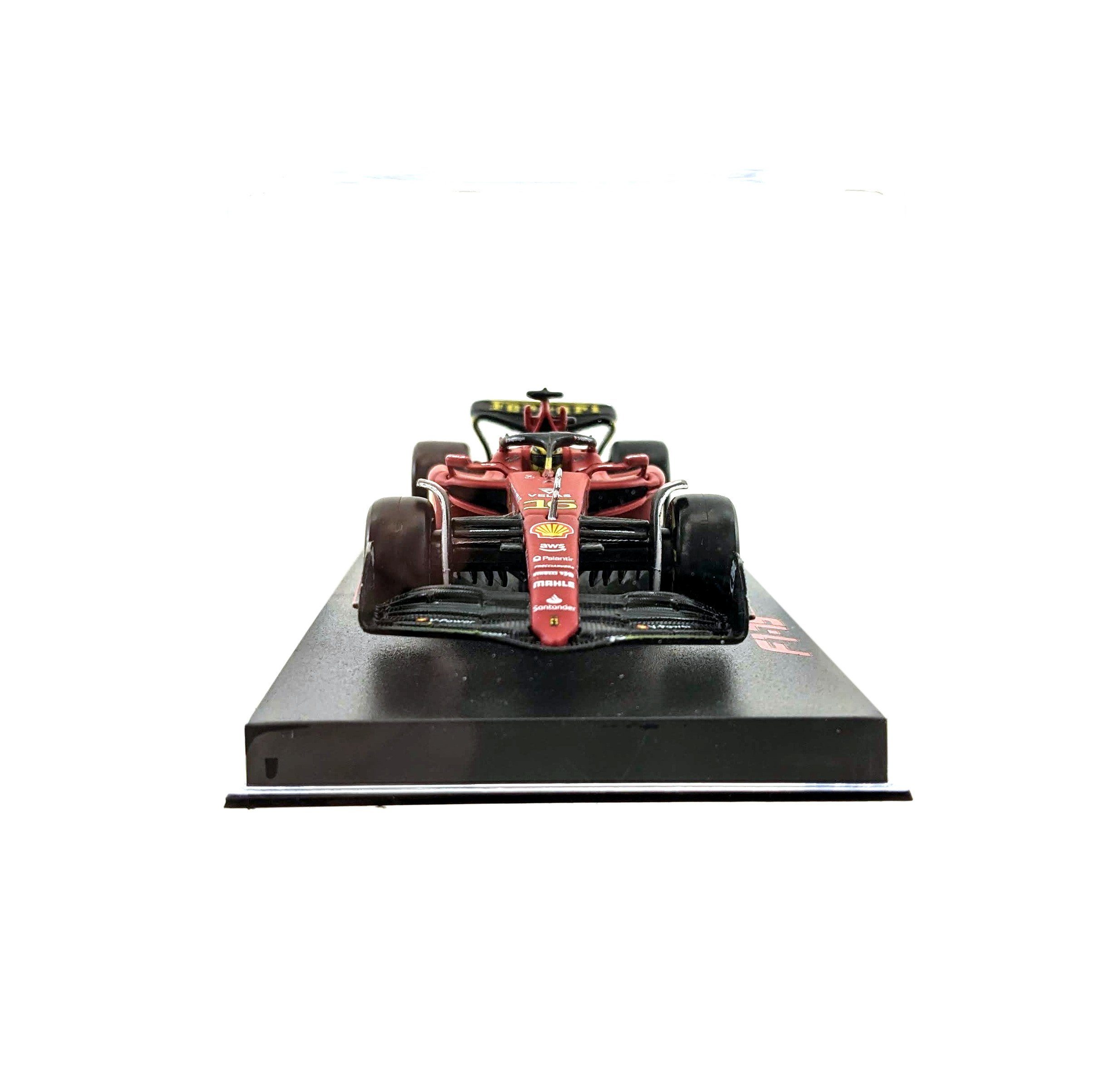 Bburago Modellauto Ferrari F1-75 Leclerc #16 Monza-Ausführung, Maßstab 1:43, in Sammler-Acrylbox