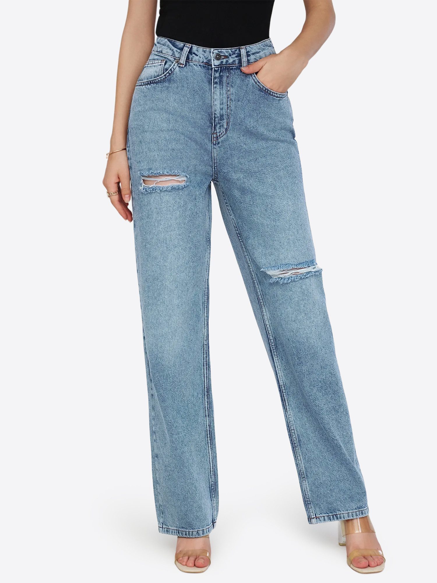Imily Bela Loose-fit-Jeans Damen Zerrissene Jeans mit geradem Bein (Packung, 1-tlg., 1per-Pack) in Unifarbe