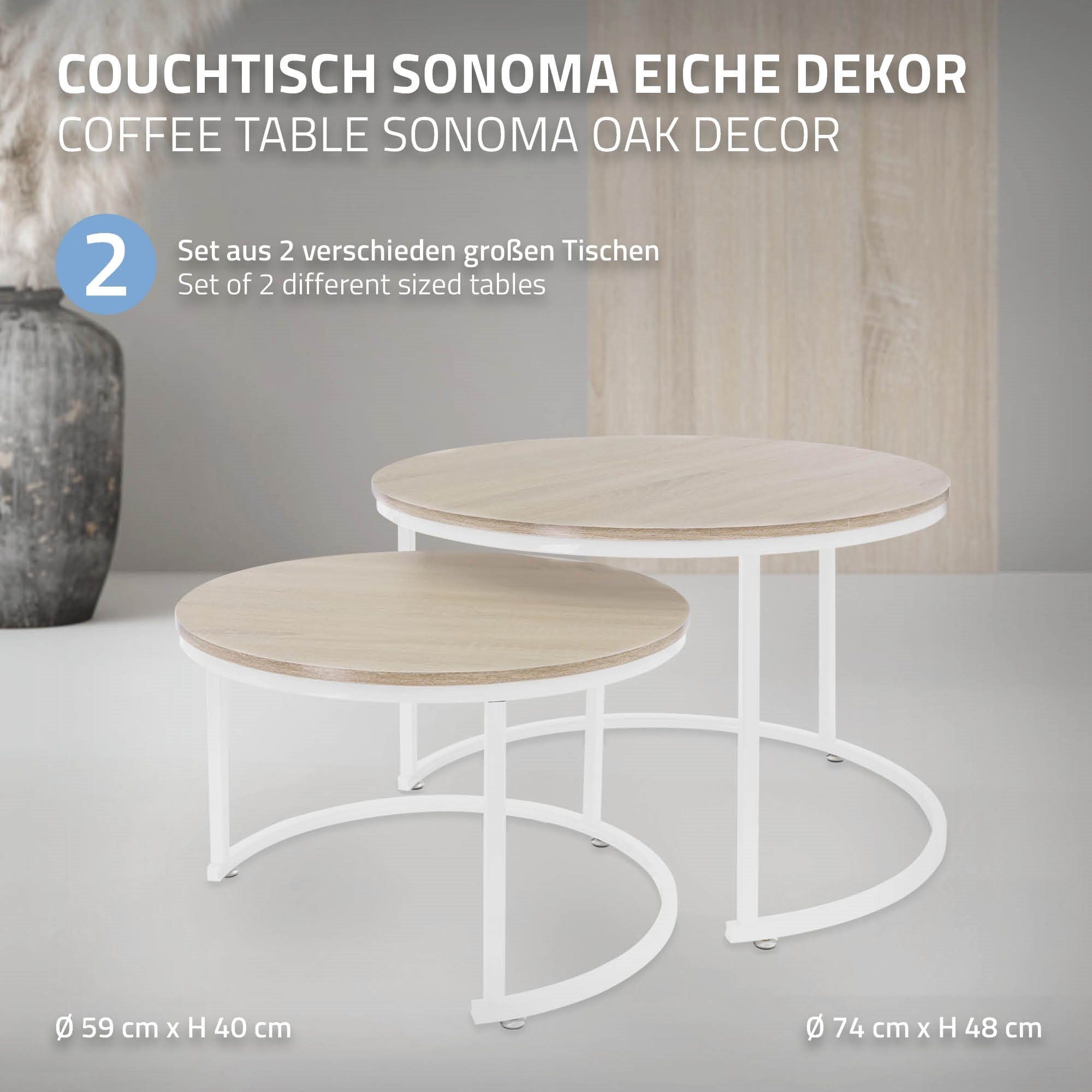 2er Set Metall Rund Couchtisch ML-DESIGN und ML-Design aus Sonoma-Eiche/Weiß Couchtisch MDF