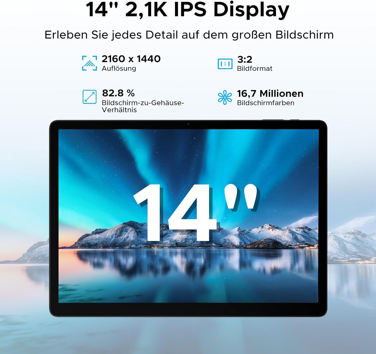 Zevelora 13500mAh Helio G100 8 GB RAM Fast Gaming Tablet (14", 256 GB, Android 15, 4G LTE, Leistungsstarkes Allround-Gerät für Arbeit, Freizeit und unterwegs)