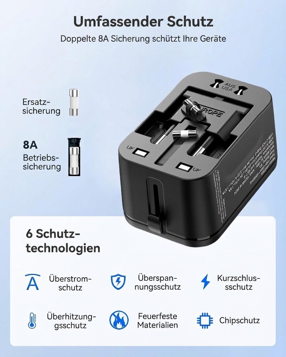 MINGTONG Universal Reiseadapter 4 USB Schnellladeanschlüsse USB-C PD 20W Reiseadapter Typ A, Typ C, Typ G, Typ I zu Universal AC-Steckdose, 4 USB-Anschlüsse, 2x – Bild 3 von 5