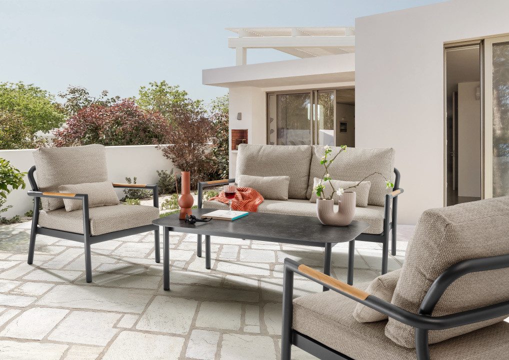 MR.DEKO Gartenlounge-Set Bilbao Aluminium mit Teakarmlehnen inkl. Kissen