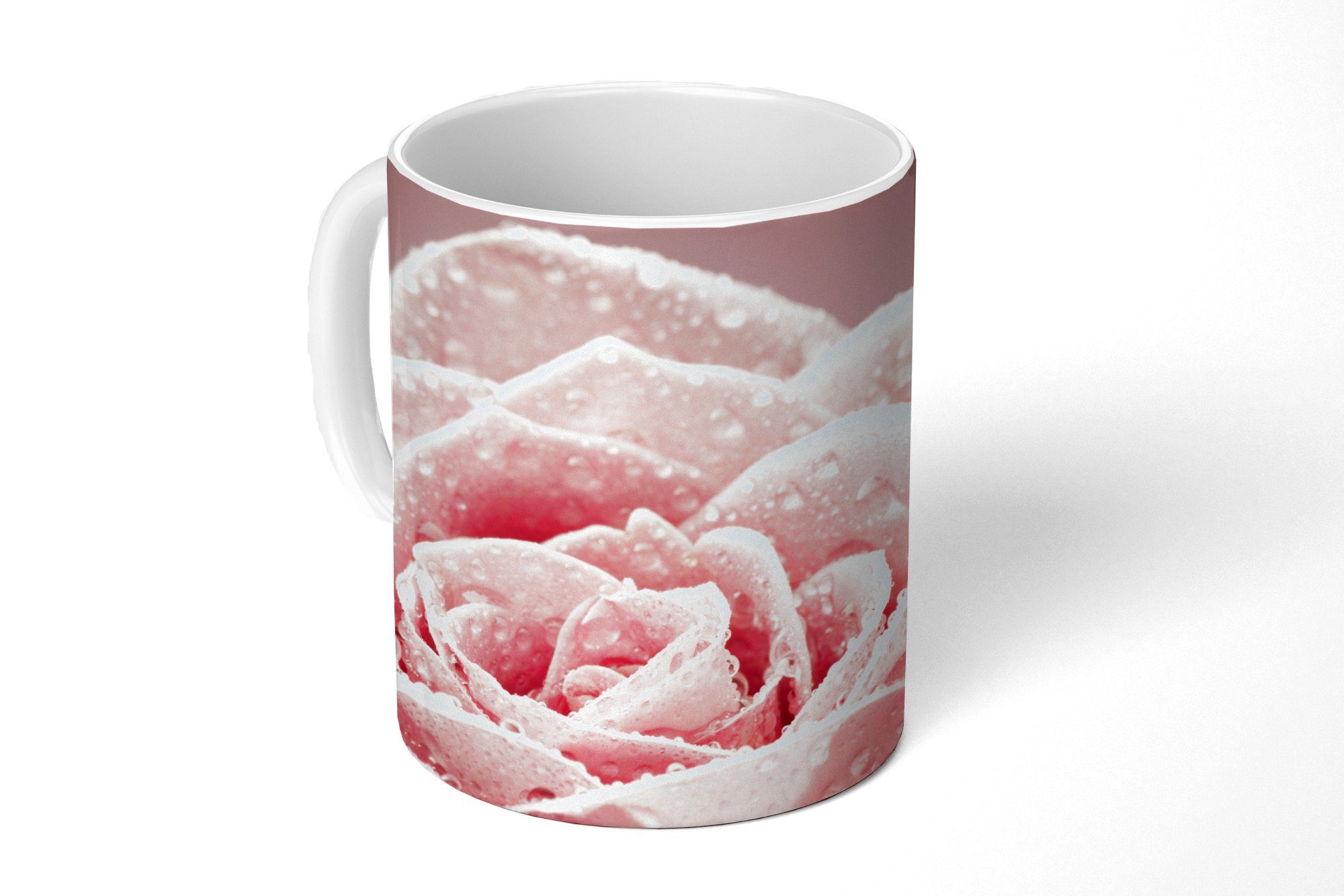 MuchoWow Tasse Tautropfen auf einer einzelnen rosa Rose, Keramik, Kaffeetassen, Teetasse, Becher, Teetasse, Geschenk