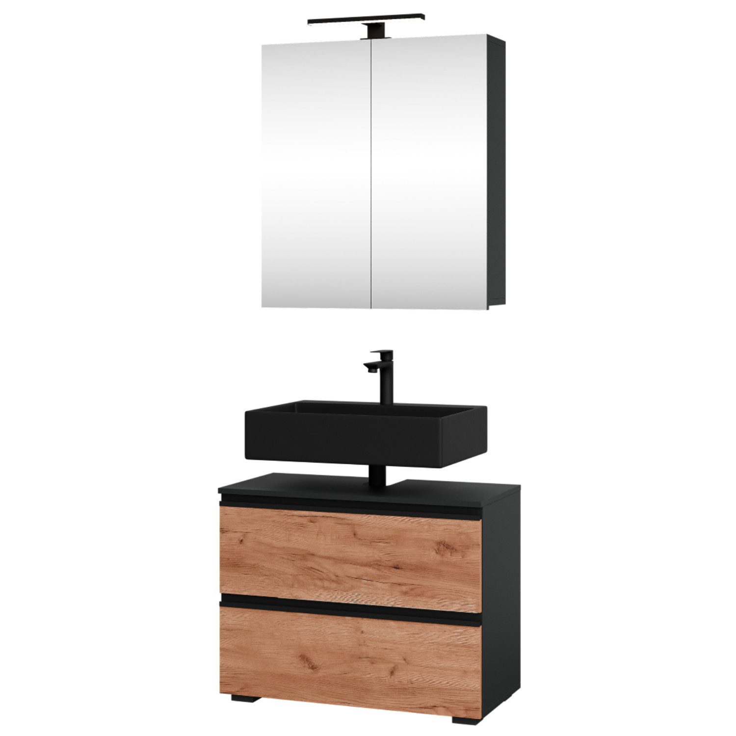 Planetmöbel Waschbeckenunterschrank EDA (inkl. LED-Leuchte, Waschtischunterschrank für Gäste WC und Bad) Waschbeckenunterschrank 60 cm mit Spiegelschrank