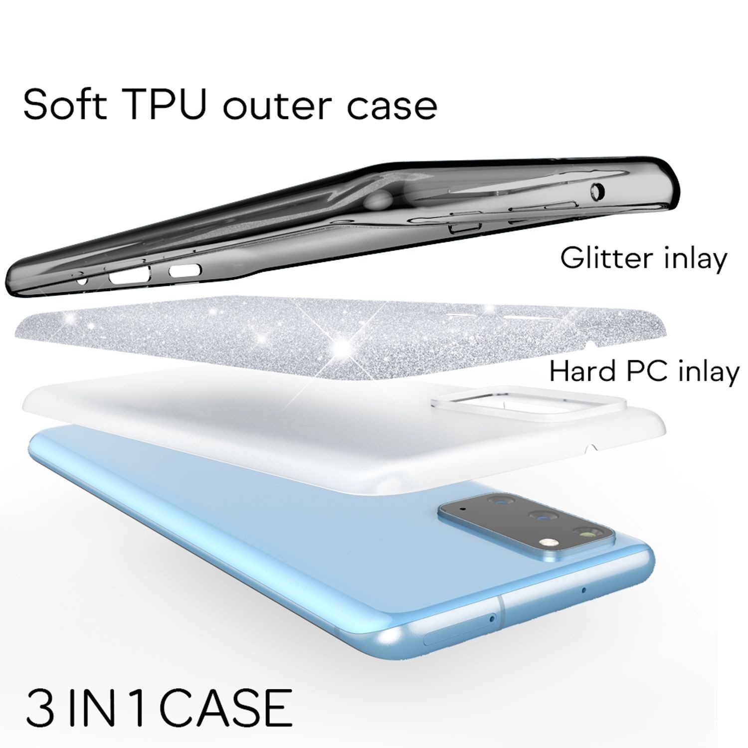 Nalia Smartphone-Hülle Samsung Galaxy S20 15,7 cm (6,2 Zoll), Glitzer Silikon Hülle / Glänzender Hybrid Schutz / Stoßfest & Robust