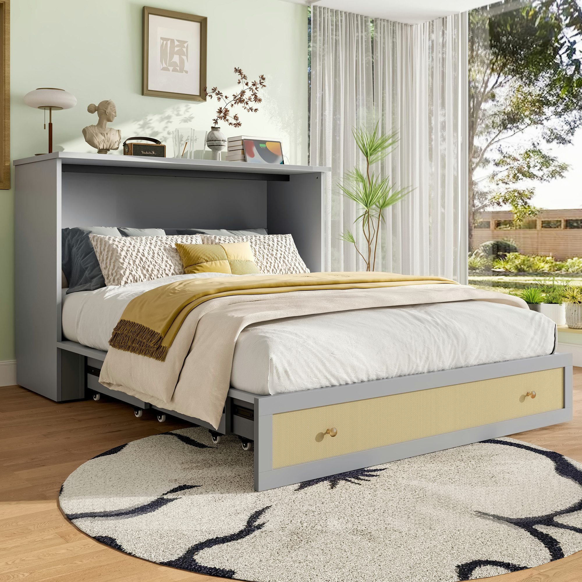 Merax Schrankbett 140x200cm mit USB- & Steckdosenanschluss (ohne Matratze, 1-St., mobil & platzsparend) umbaubares Plattformbett Wandklappbett mit Schublade,Regal am Kopfende