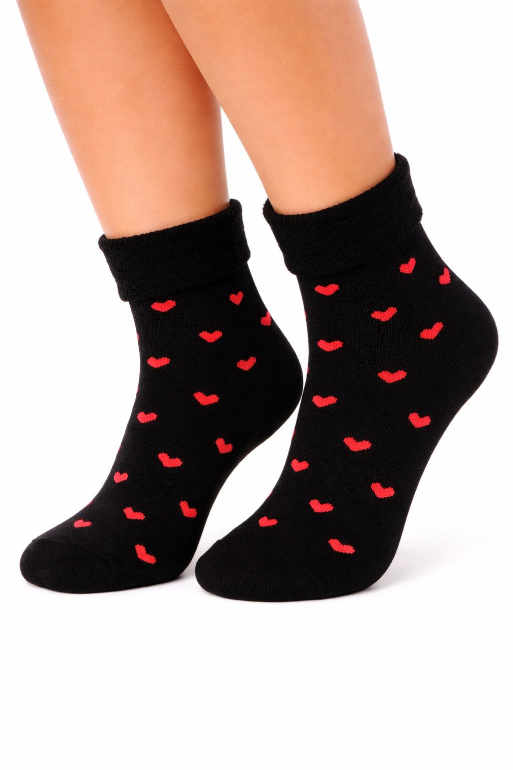 Thermosocken Socken Frottee socks Strümpfe mit Herzen in Rot Schwarz unisex