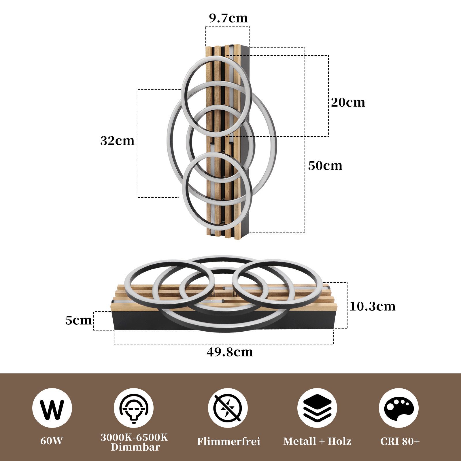 Nettlife LED Deckenleuchte Dimmbar Holz 2/3/4 Ringe Modern Deckenlampe Wohnzimmer, LED fest integriert, 60W 50*32*10.3CM für Schlafzimmer Büro Küche – Bild 4 von 5