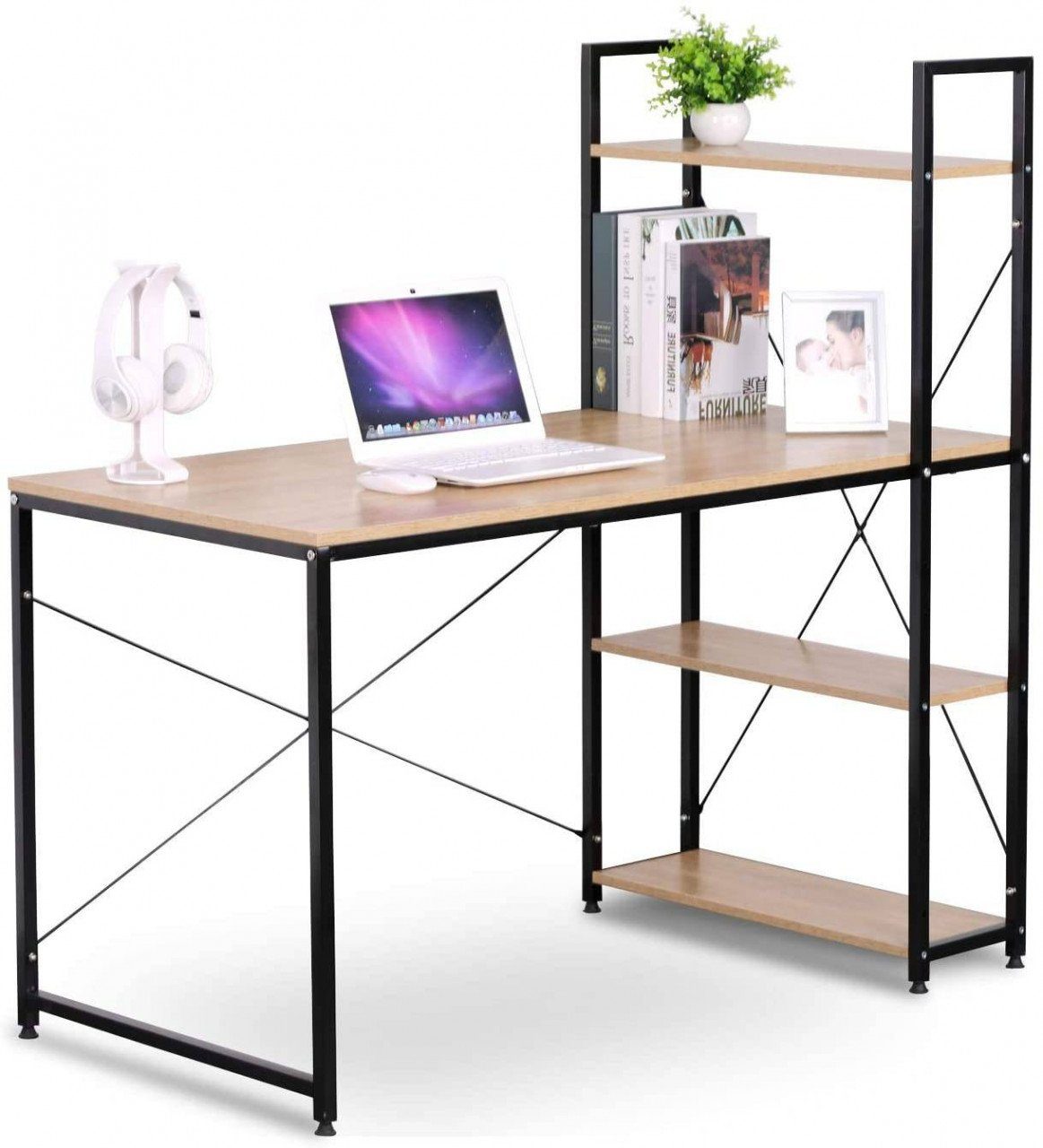 EUGAD Schreibtisch, Bürotisch mit Ablage Holz Eiche-Schwarz Hell 120x64x120cm (BxTxH) Stahl