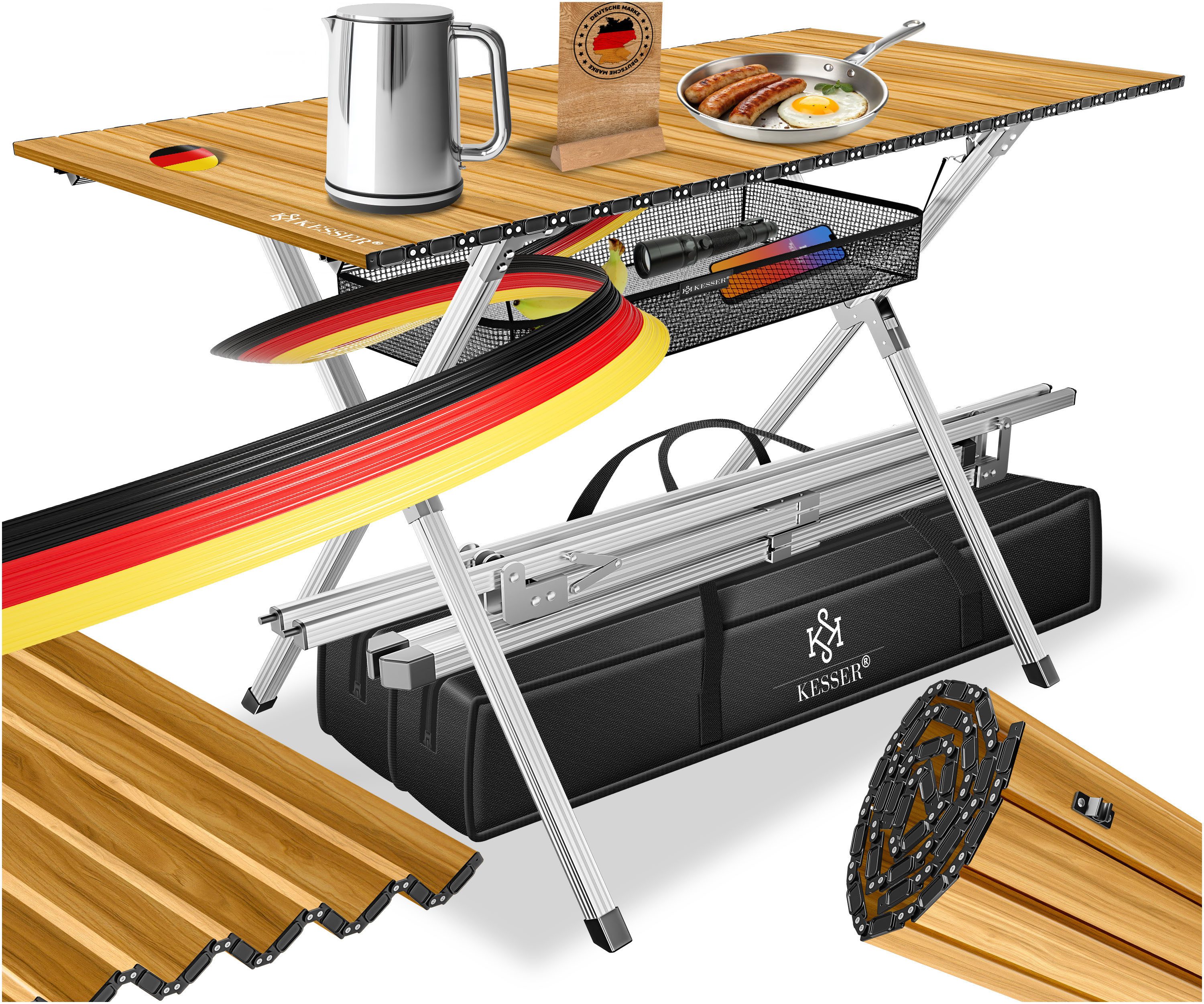 KESSER Campingtisch Klapptisch faltbar mit aufrollbarer Tischplatte (145x70cm klappbarer Tisch inkl. Tragetasche mit Trageband & Netztasche), Falttisch mit Aluminium-Rahmen - max. 100kg & rost- & kratzfest