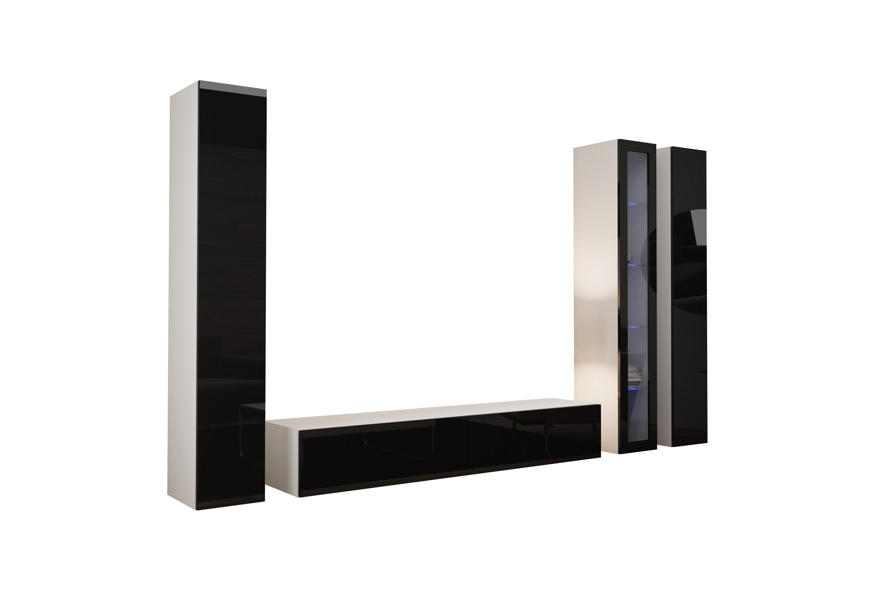 99rooms Wohnwand Vago II A, (Set (4-St), Wohnmöbel, Wohnzimmer-Set), 1xLowboard, 1xHängevitrine und 2xHängeschrank, inkl. LED, Push-to-Open. Reduzierter Preis € 995,00. Unverbindliche Preisempfehlung € 1.989,00