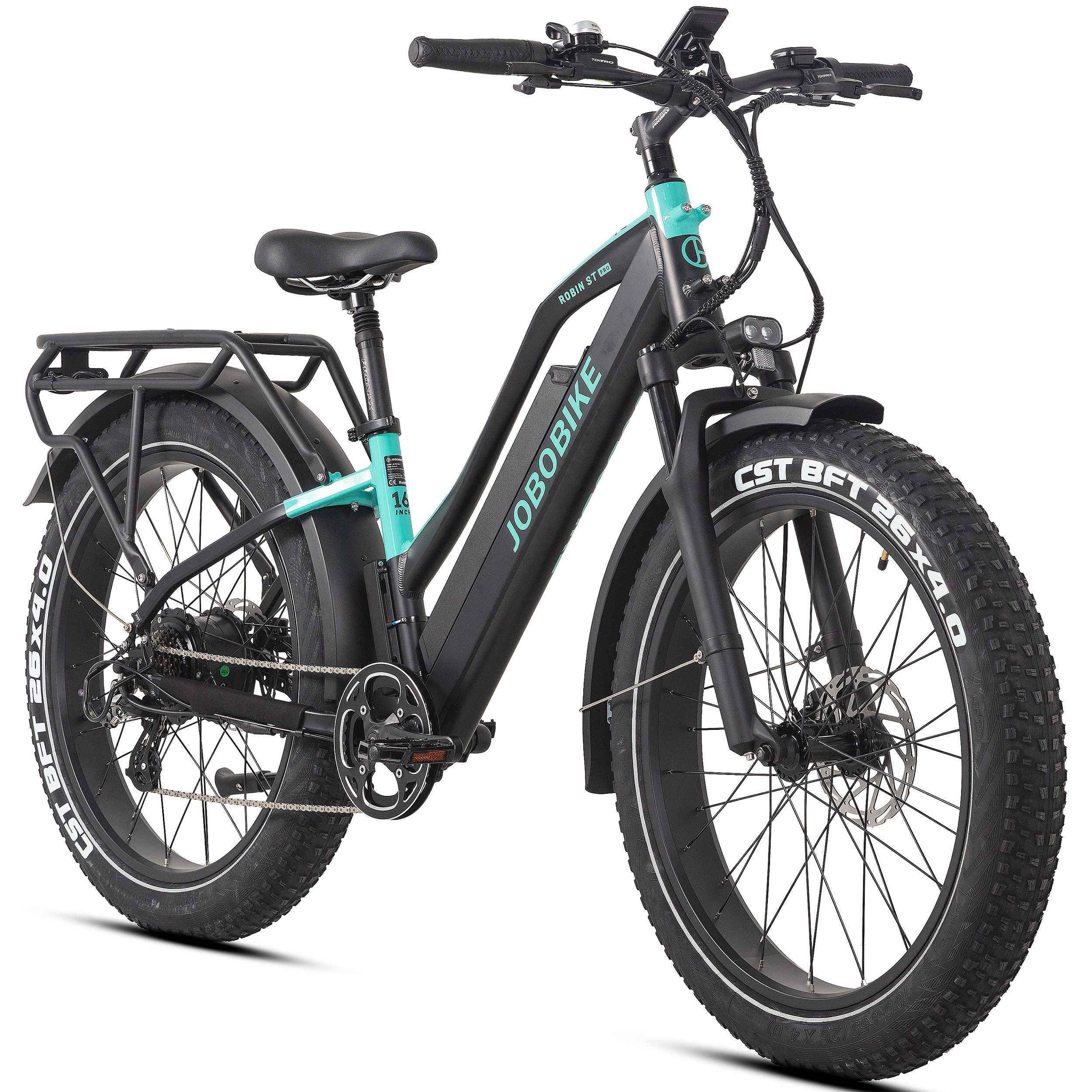 JOBOBIKE E-Bike Mountainbike 26 Zoll, Fatbike, MTB, max. 180km, Bremslicht- und Blinkerfunktion, 7 Gang Shimano, Kettenschaltung, Heckmotor, 840 Wh, (LCD-Farbdisplay, für Asphalt, Schotter und Gelände, Aluminiumrahmen), Robin Pro, 840Wh, Trapezrahmen, Federsattelstütze, Elektrofahrrad