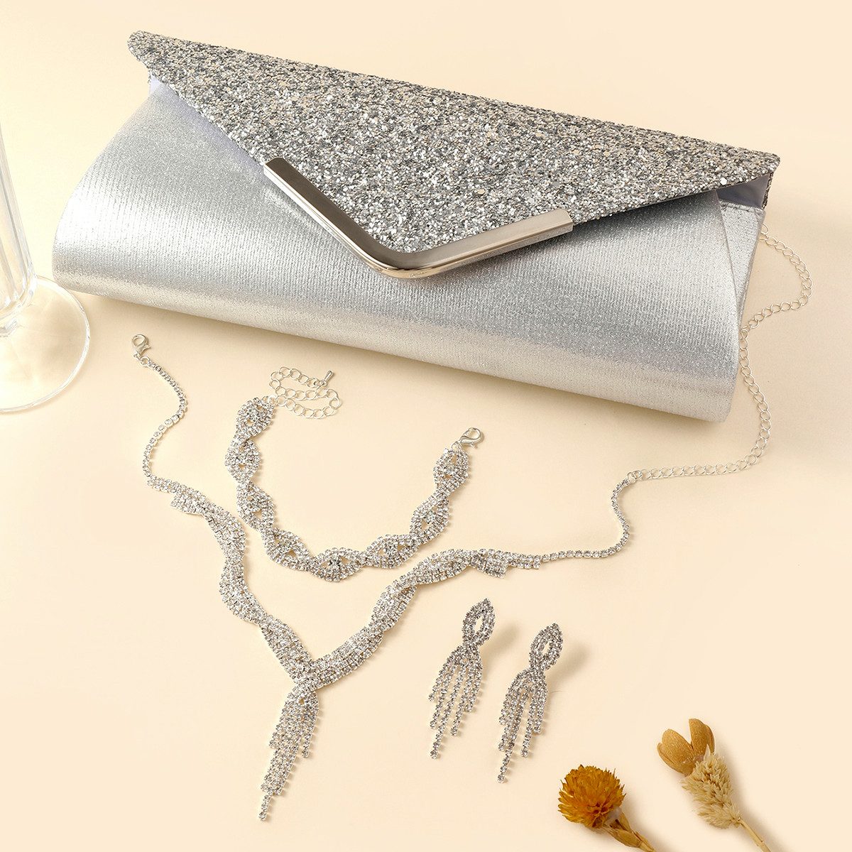 Luckice Schmuckset Damen Glitzer Clutch Strass Abendtasche Brautschmuck Set günstig online kaufen