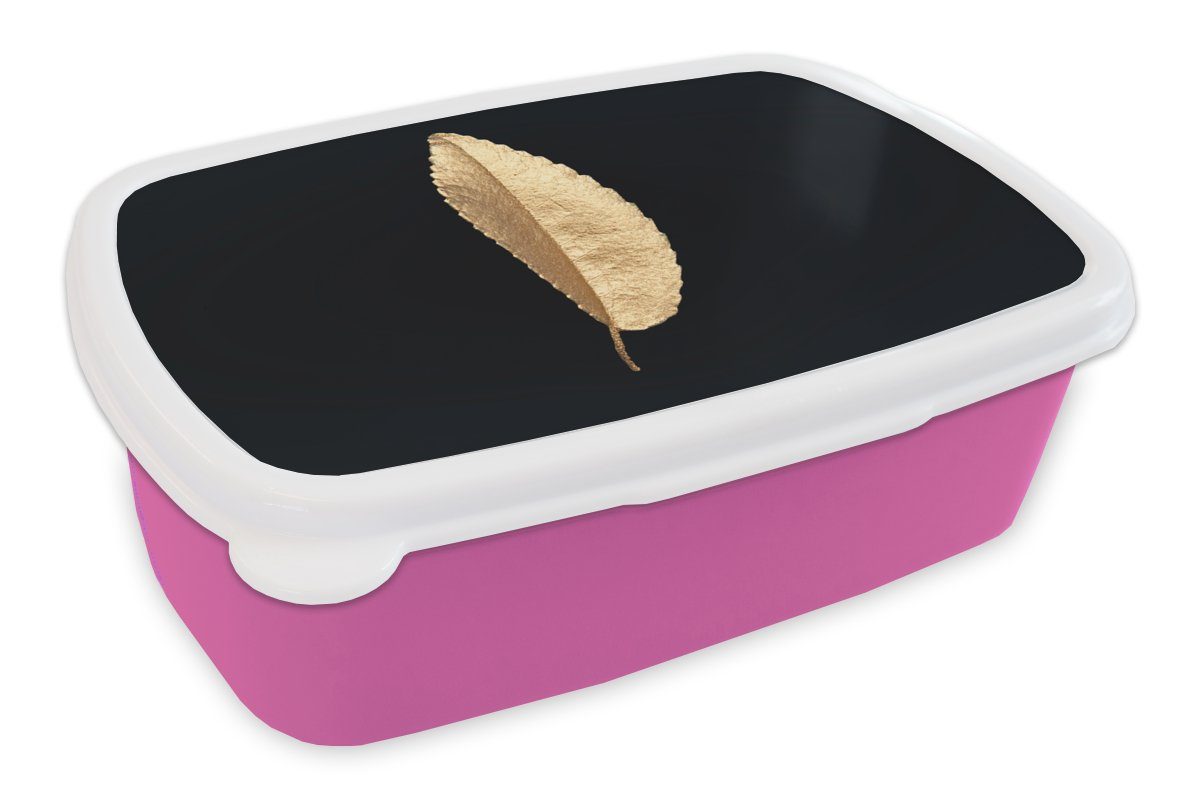 MuchoWow Lunchbox Blätter - Schwarz und Gold - Luxus - Chic - Natur, Kunststoff, (2-tlg), Brotbox für Erwachsene, Brotdose Kinder, Snackbox, Mädchen, Kunststoff rosa