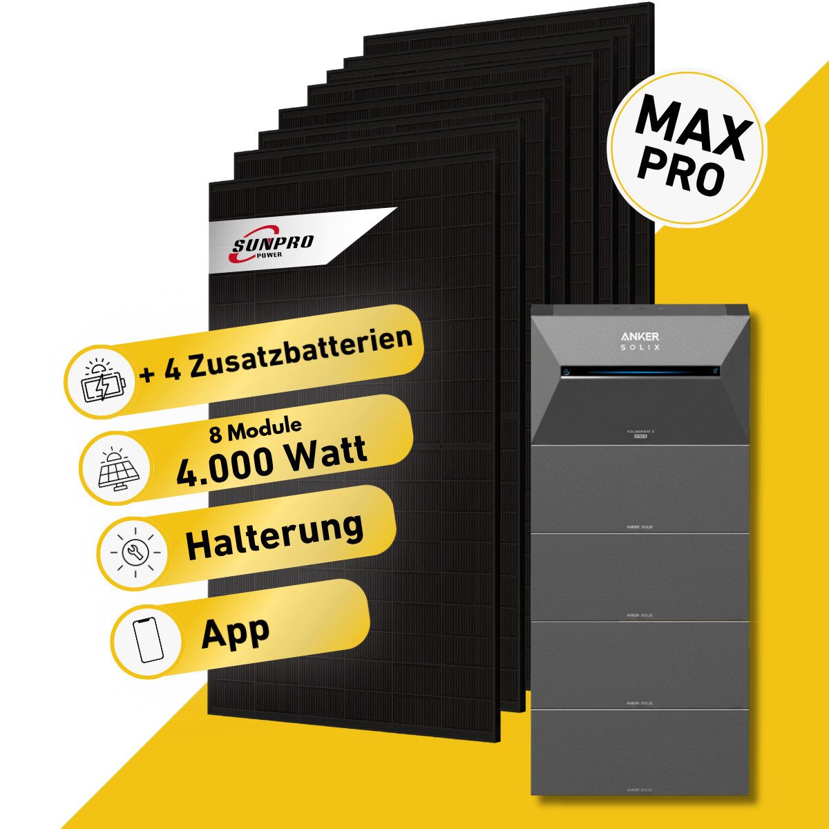 Balkonstrom Balkonkraftwerk 4000W mit Speicher, Anker 3 Pro, Komplettset, Bifazial, 4000 W, Monokristallin, (8x Sunpro Solarmodul á 500 Watt, 1x Anker Solix 3 Pro Solarspeicher E2700, 1-4 Zusatzspeicher BP2705), Halterung für Dach, Fassade, Balkon & Garten, App & Plug&Play DE
