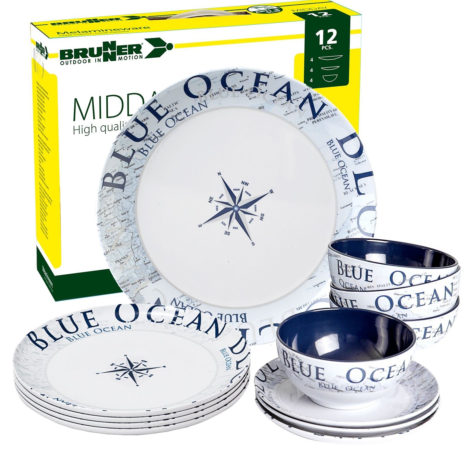 BRUNNER Geschirr-Set »Melamin Campinggeschirr BLUE OCEAN (12, 16 oder  36-Teilig), Rutschfest, Leicht« (12-tlg) online kaufen | OTTO