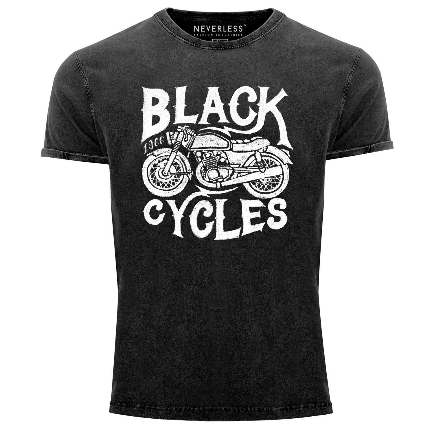 Neverless® T-Shirt Print Biker Washed Fit Neverless Retro schwarz Motorrad Print-Shirt Vintage mit Herren Slim
