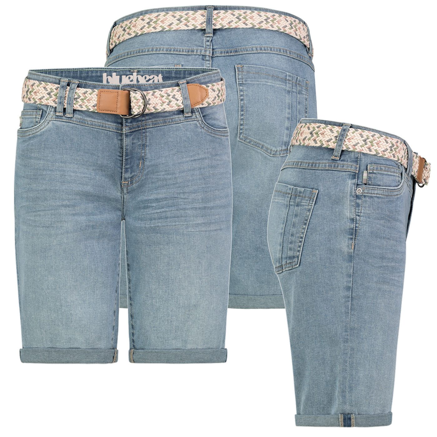 SUBLEVEL Bermudas Damen Jeans Shorts Bermuda Kurze Hose Short Denim Stretch Denim Gürtel