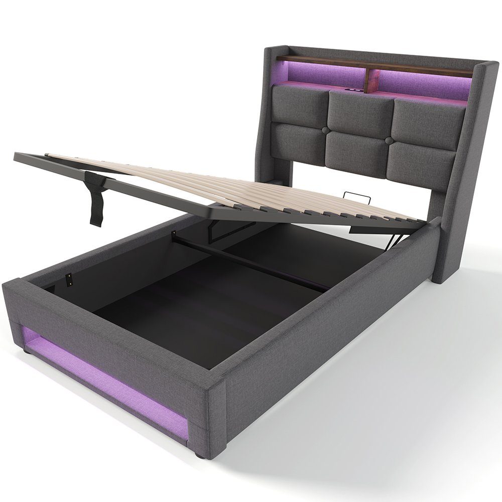Polsterbett (Funktionsbett, 90x200 cm Hydraulisches Bett mit Lattenrost), Stauraumbett mit LED-Beleuchtung und USB-Anschluss, Baumwolle-Leinen
