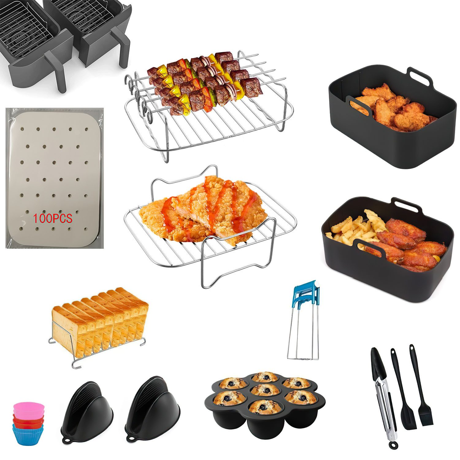 Refined Living Küchenmaschinen Zubehör-Set Heißluftfritteuse Zubehör 20 stück für Dual Zone AF400EU AF300EU, Zubehör für Airfryer Accessories Einschließlich Edelstahlgrill usw, Air Fryer 7.6L-9.5L Und anderen Dual Zone BPA-frei 