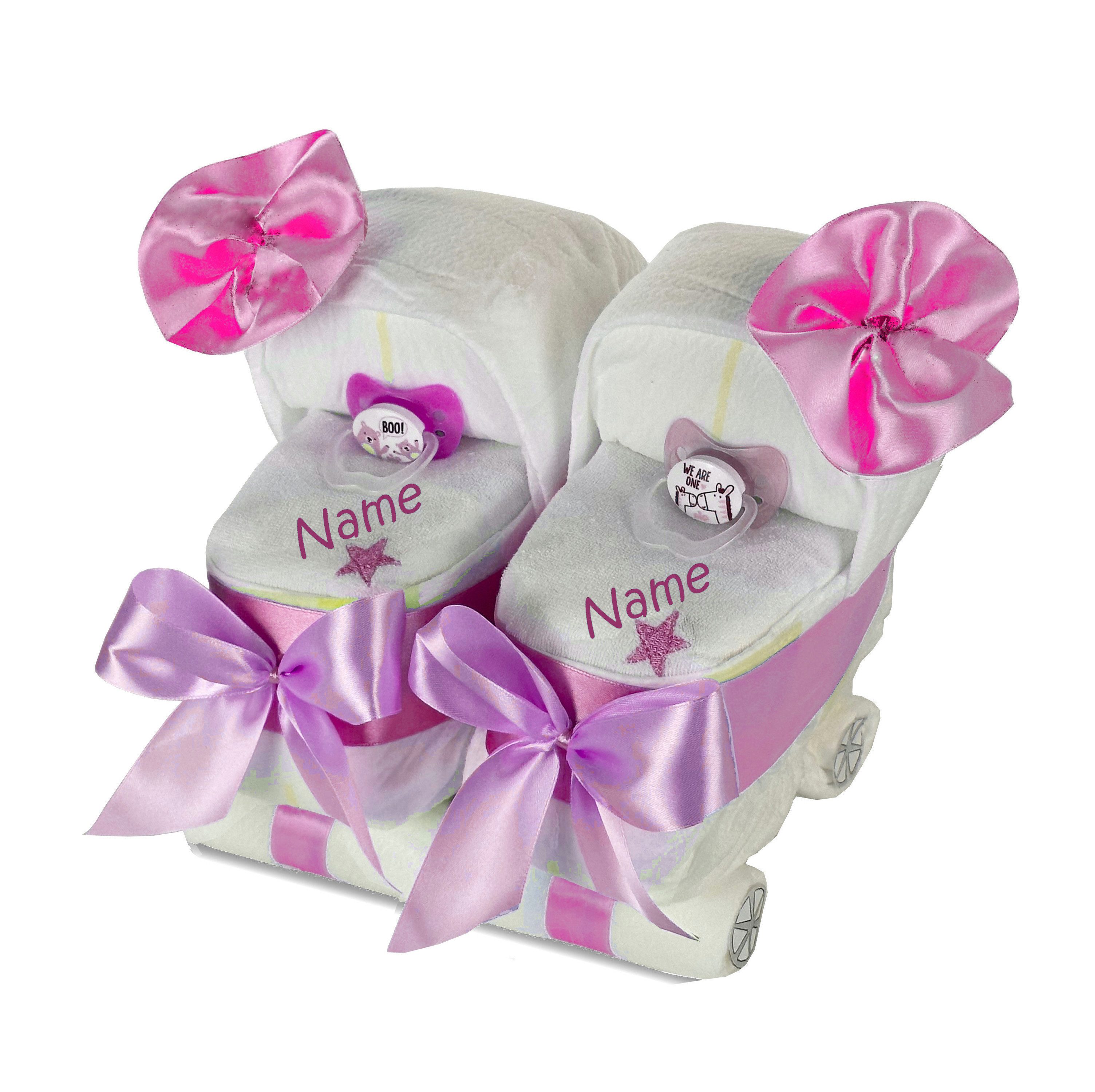 Neugeborenen-Geschenkset Windeltorte Zwillinge Kinderwagen, Zwillingswagen, Personalisiert