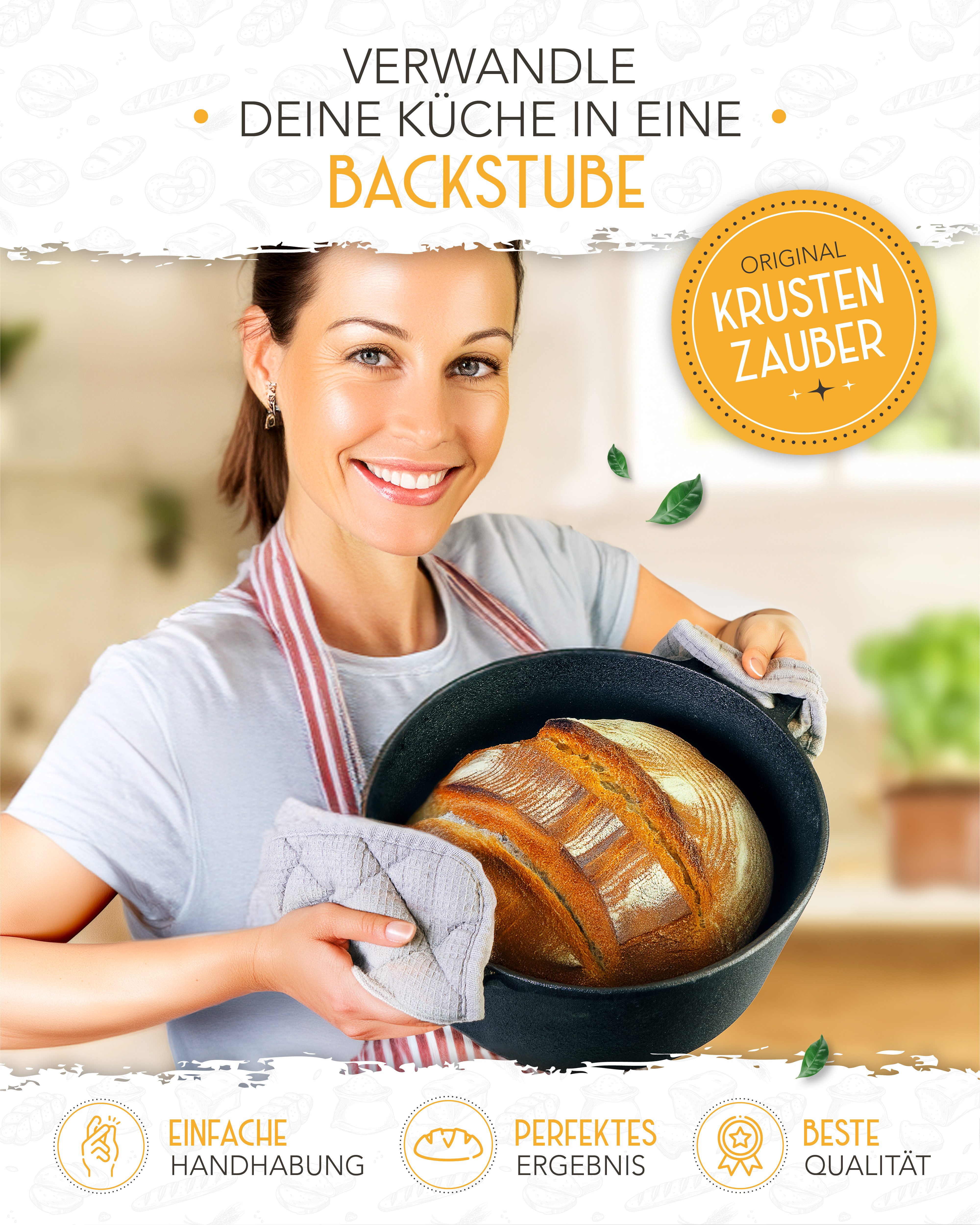 Krustenzauber Kasserolle Gusseisen Topf als Kochtopf, Schmortopf oder Brotbackform