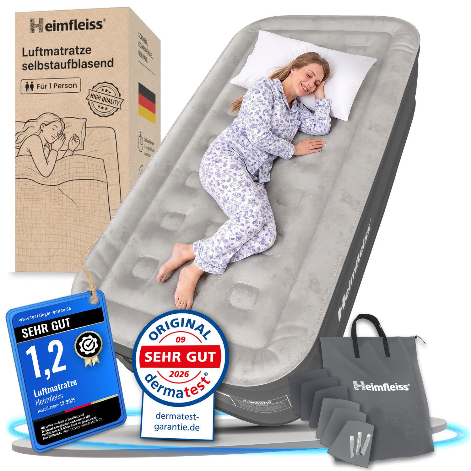Heimfleiss® Luftmatratze Luftbett selbstaufblasend integrierte Pumpe, (Reisebett Matratze mit Elektropumpe, 3-St., inkl. Tragetasche und Reparatur-Kit), 1 Person 198x99x46 cm, 150 kg
