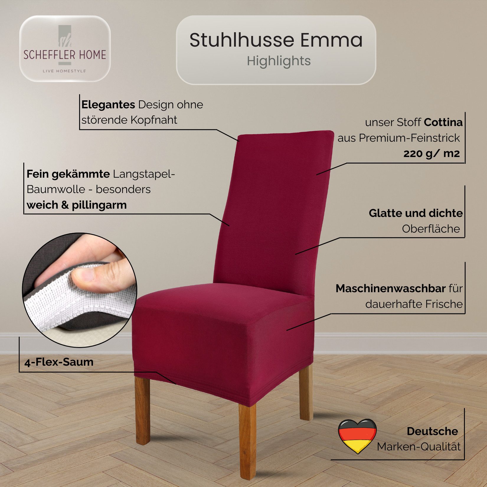 sh SCHEFFLER-HOME LIVE HOMESTYLE Stuhlhusse Moderner Stuhlbezug "Emma" aus elastischer Baumwolle Cottina, abnehmbarer & waschbarer Spannbezug für Stühle
