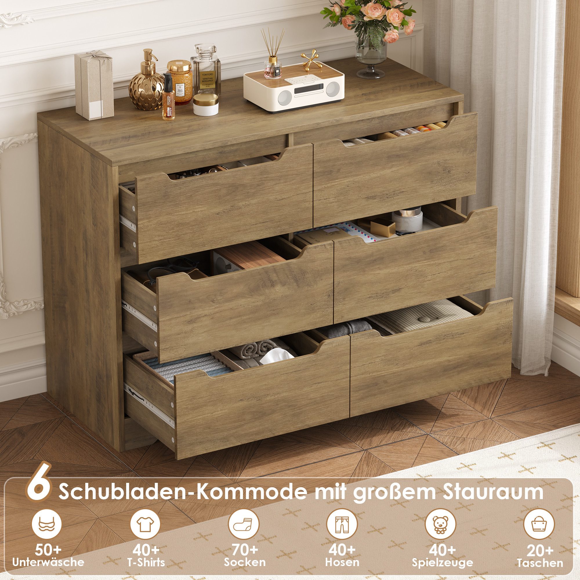 HOMECHO Kommode, Sideboard mit 6 Schubladen, Komodenschrank aus Holz