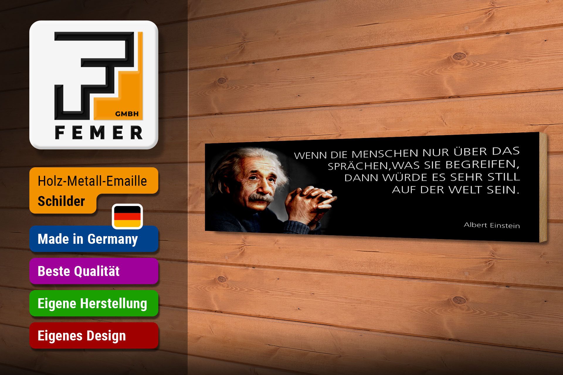Femer GmbH Holzbild Einstein Zitat 46x10 cm Wenn die Menschen nur über das sprächen, (1 St), Glatte Holzfaserplatte (MDF), vorn beschichtet