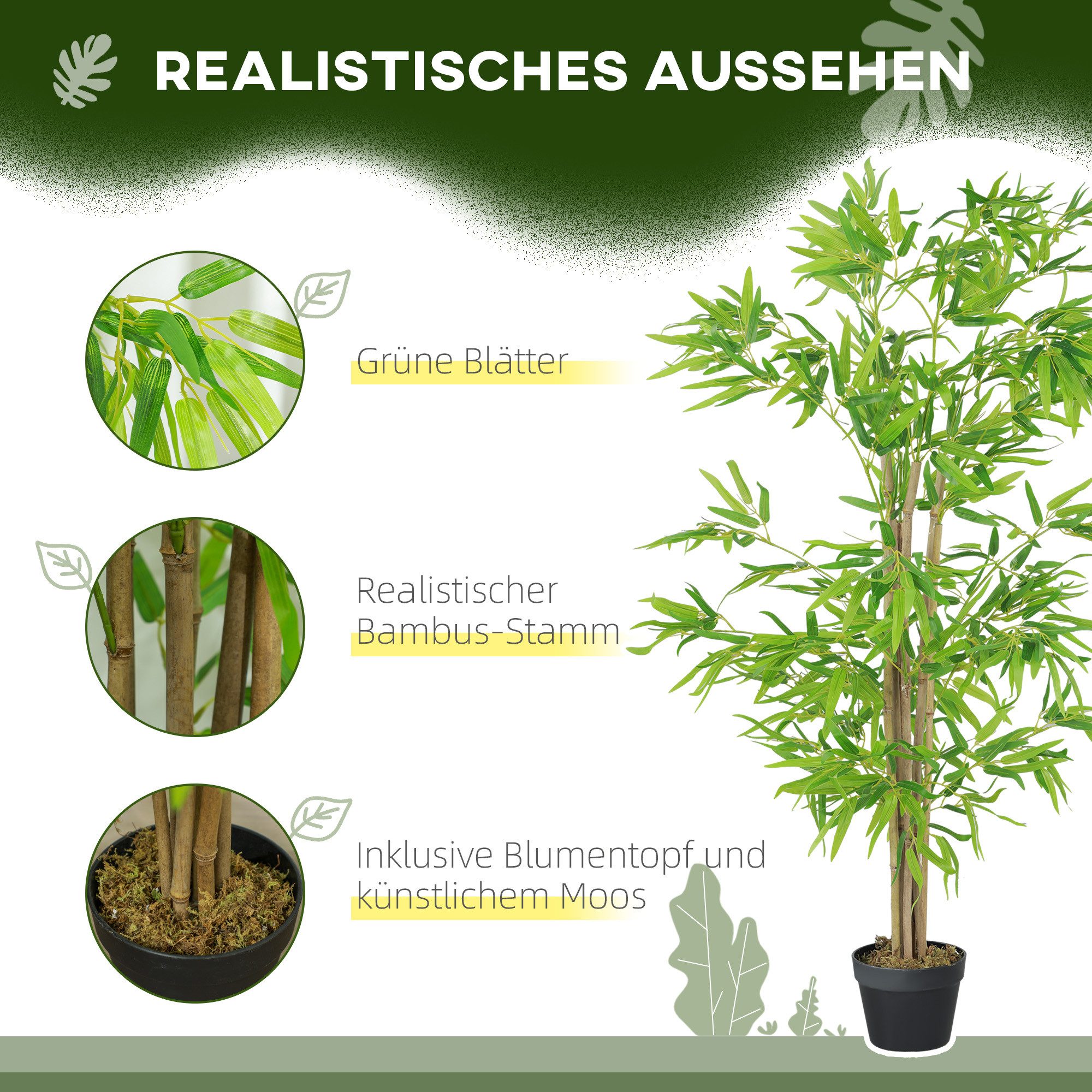 Kunstpflanze Künstliche Pflanzen im Topf, Wohnzimmer Deko wie echt mit Kunstmoos Bambus, Outsunny, Höhe 120 cm, Grün Ø15,5 x 120 cm – Bild 5 von 5