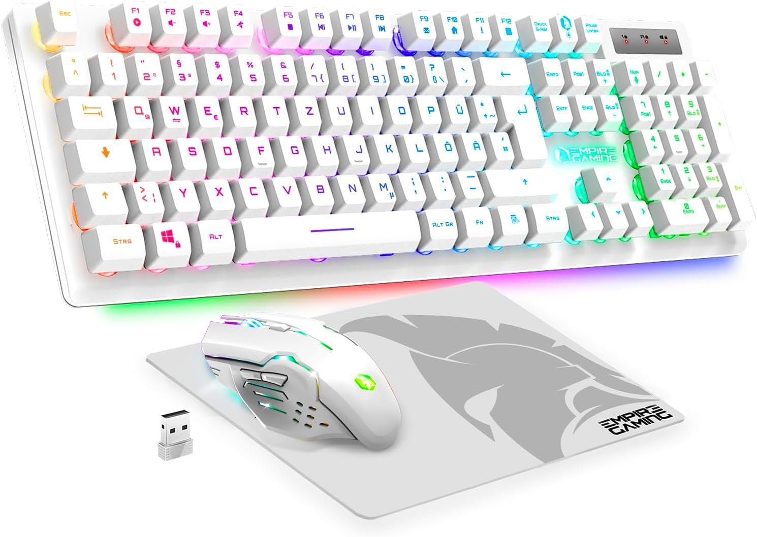 EMPIRE GAMING RGB LED-Hintergrundbeleuchtung Tastatur- und Maus-Set, QWERTZ DE Layout, 2,4GHz RGB, 4800 DPI mit Mauspad Kompitabel mit PC