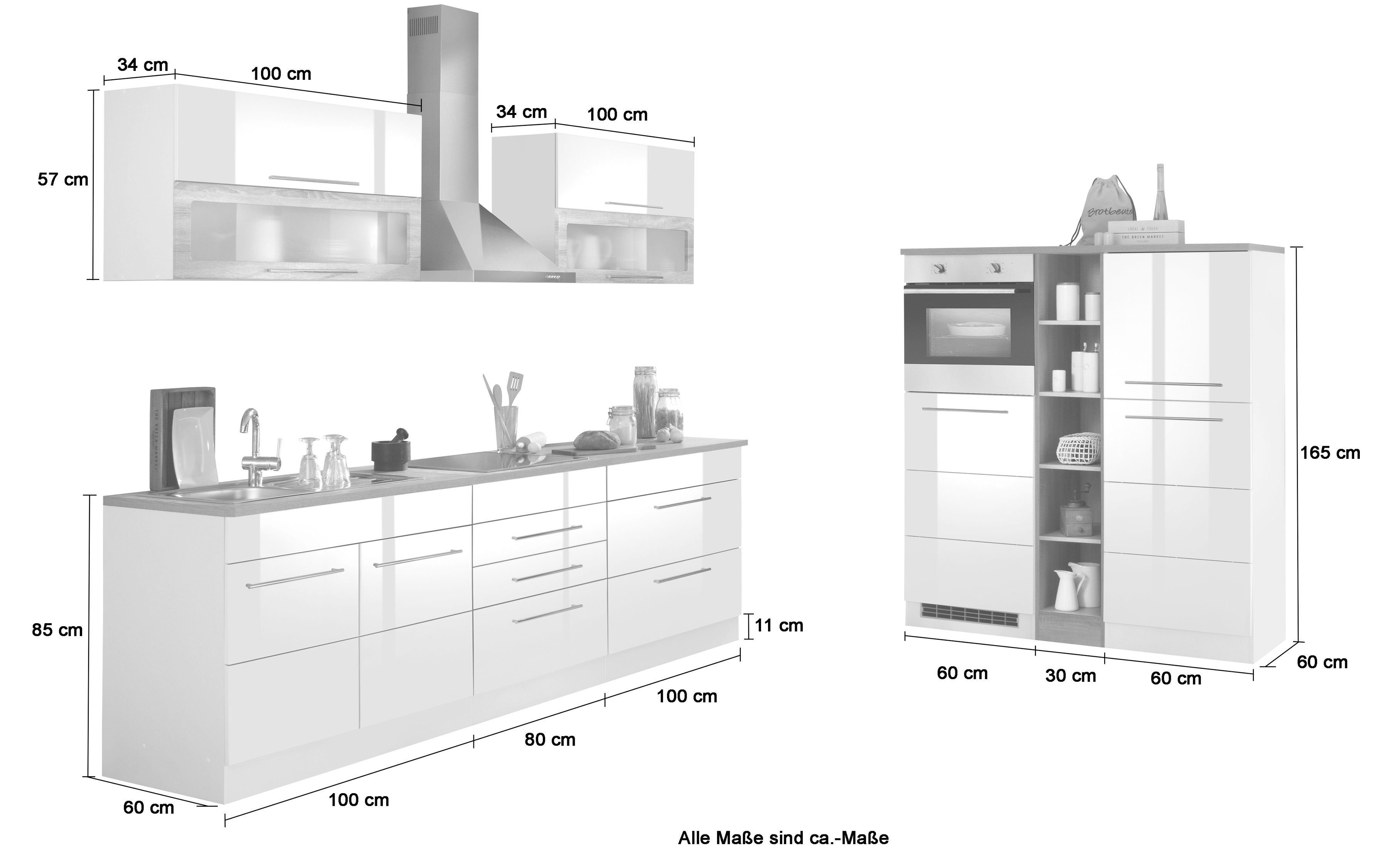 HELD MÖBEL und grau Breite cm, Hochglanz/grafit-eichefb. 430 Induktion | Küchenzeile E-Geräten mit grau Wien, wahlweise Hochglanz