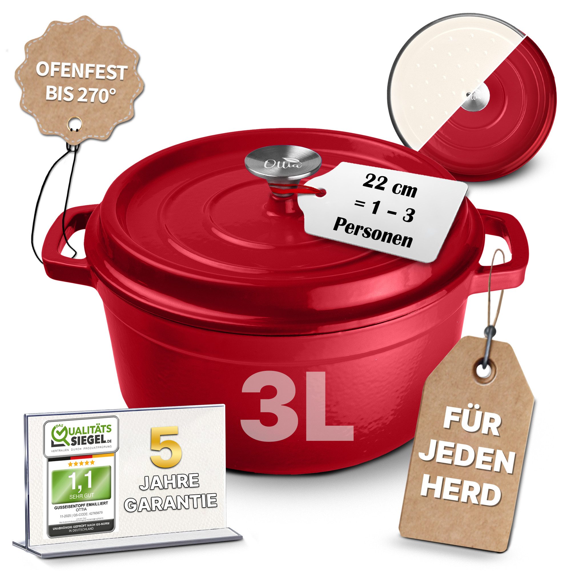 Ottia Schmortopf Gusseisen Topf, Brottopf, Bräter, Größen Ø22-28cm, alle Herdarten, Gusseisen, 3-lagige Emaille (22cm / 3L, inkl. E-Rezeptbuch und Garantie), Händler aus Hamburg