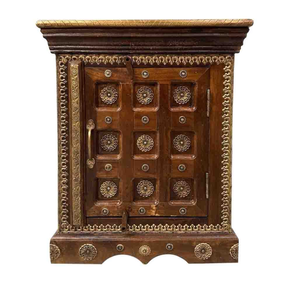 Oriental Galerie Mehrzweckschrank Indischer Nachttisch mit Tür Braun/Gold Nachtkonsole, Nachtschrank, Kleiner Schrank 60cm hoch