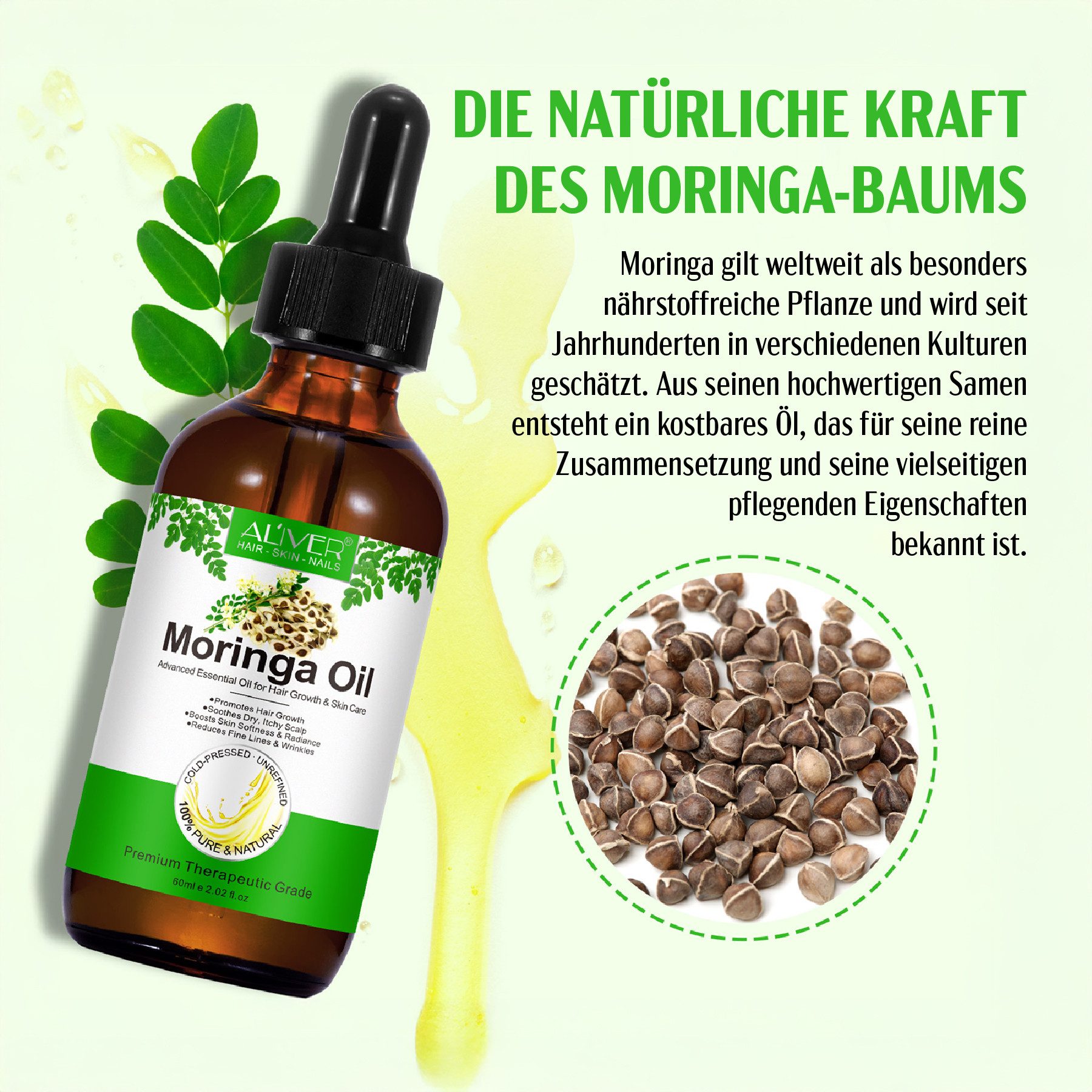 ALIVER Haaröl Moringa Öl Pflegeöl Haaröl Hautöl für Haare Haut Gesicht Natürlich, 1-tlg., Haaröl, Haarpflege, Hautpflege, Aliver