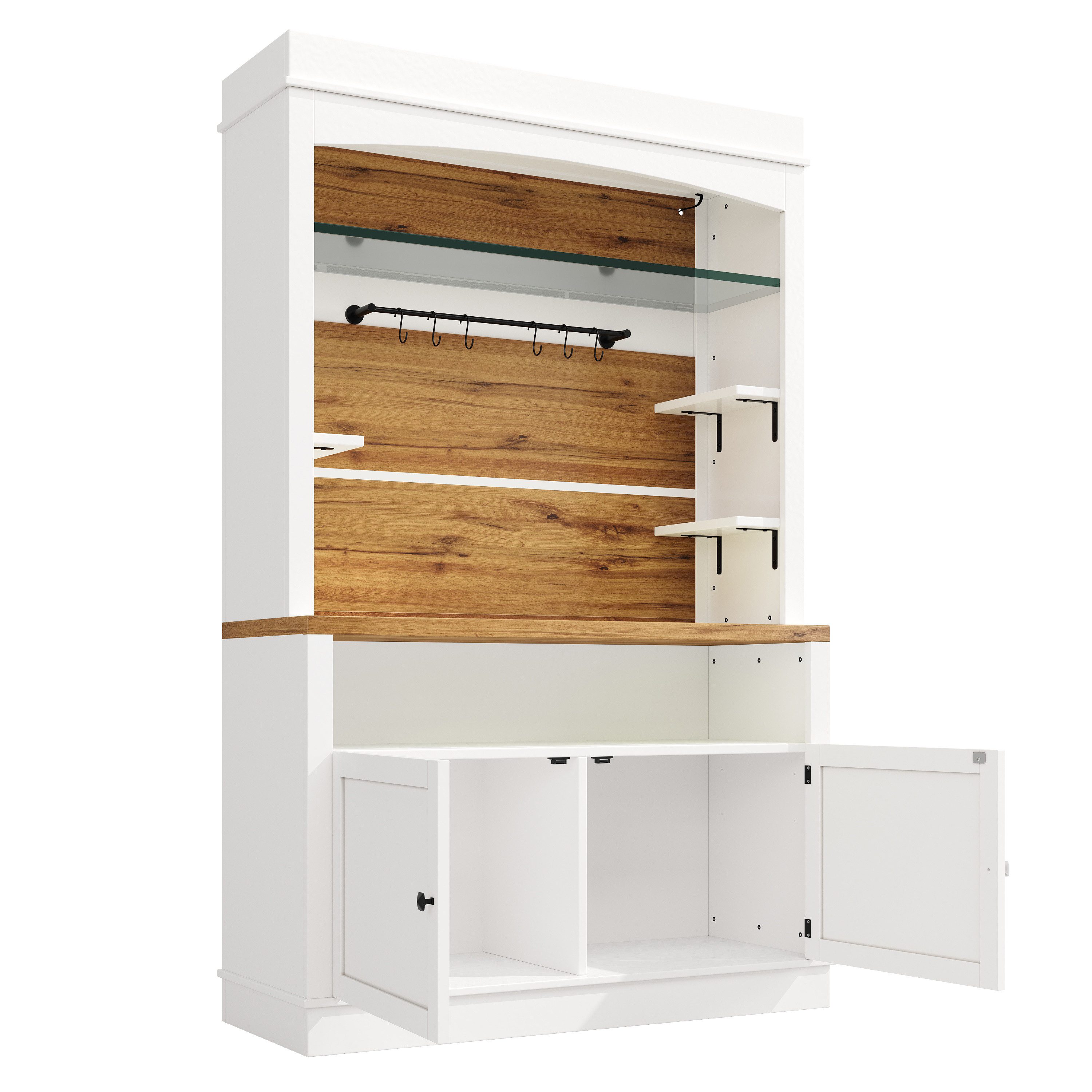 Flieks Küchenbuffet mit LED-Beleuchtung, Gläserhalter und Ablagen (1-St., 107x43x184 cm) Hochschrank Küchenschrank Buffetschrank mit Stauraum Weiß