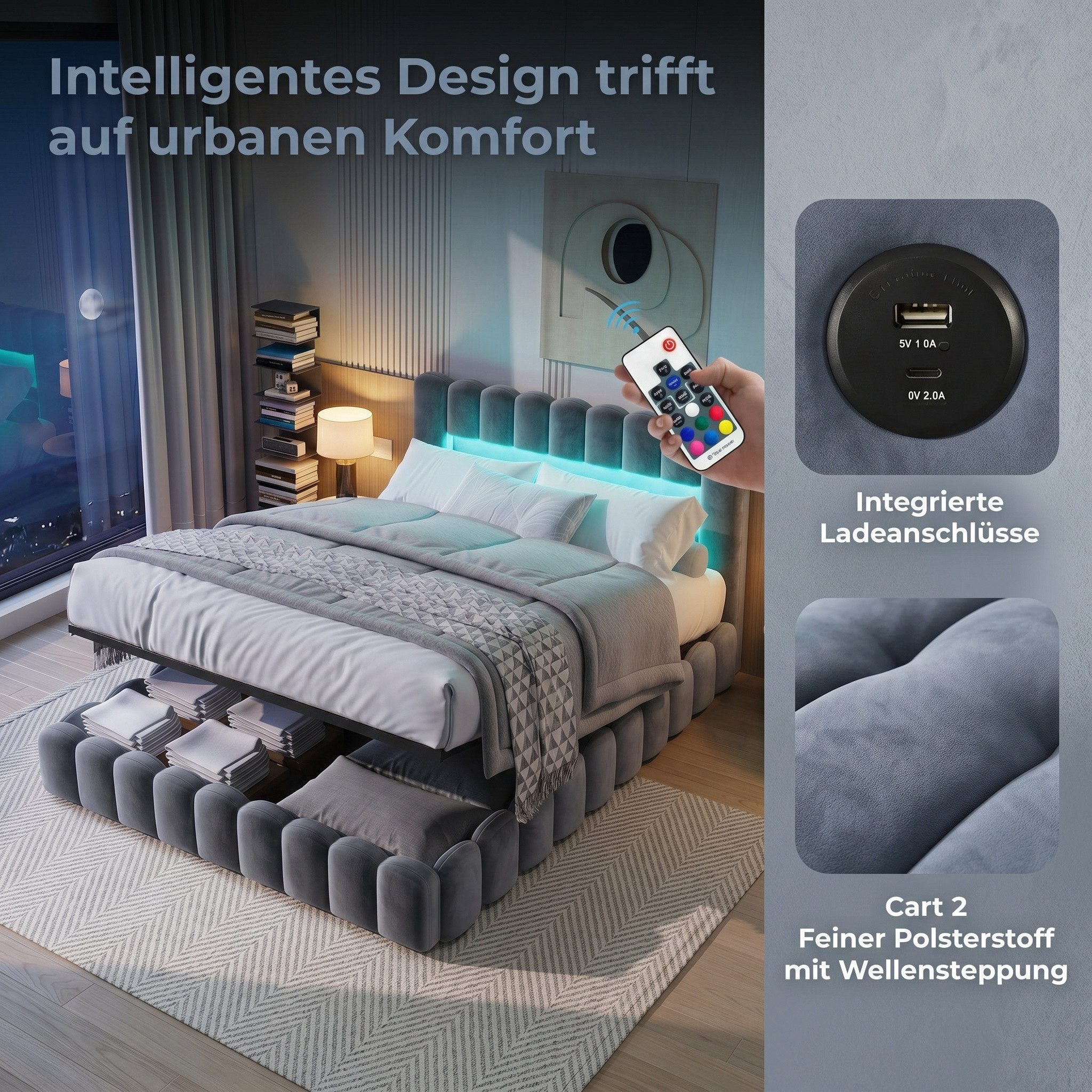PXloue Polsterbett Doppelbett Jugendbett (ohne Matratze), Stauraumbett, Bettkasten, LED-Beleuchtung, USB-Anschluss, 180x200 cm – Bild 4 von 5