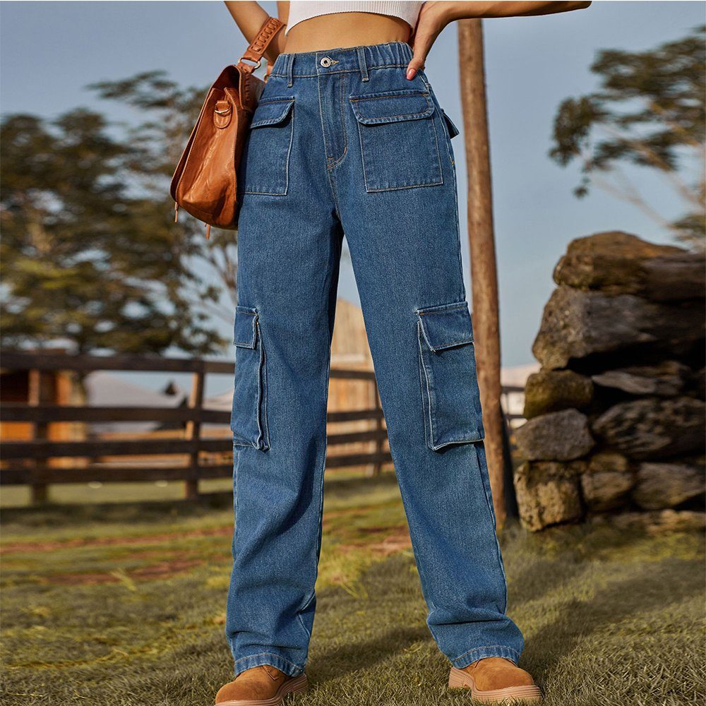 L.Ru UG Ankle-Jeans Gewaschene, semi-elastische Cargohose aus Denim mit  mehreren Taschen Damen, Hosen, Freizeithosen