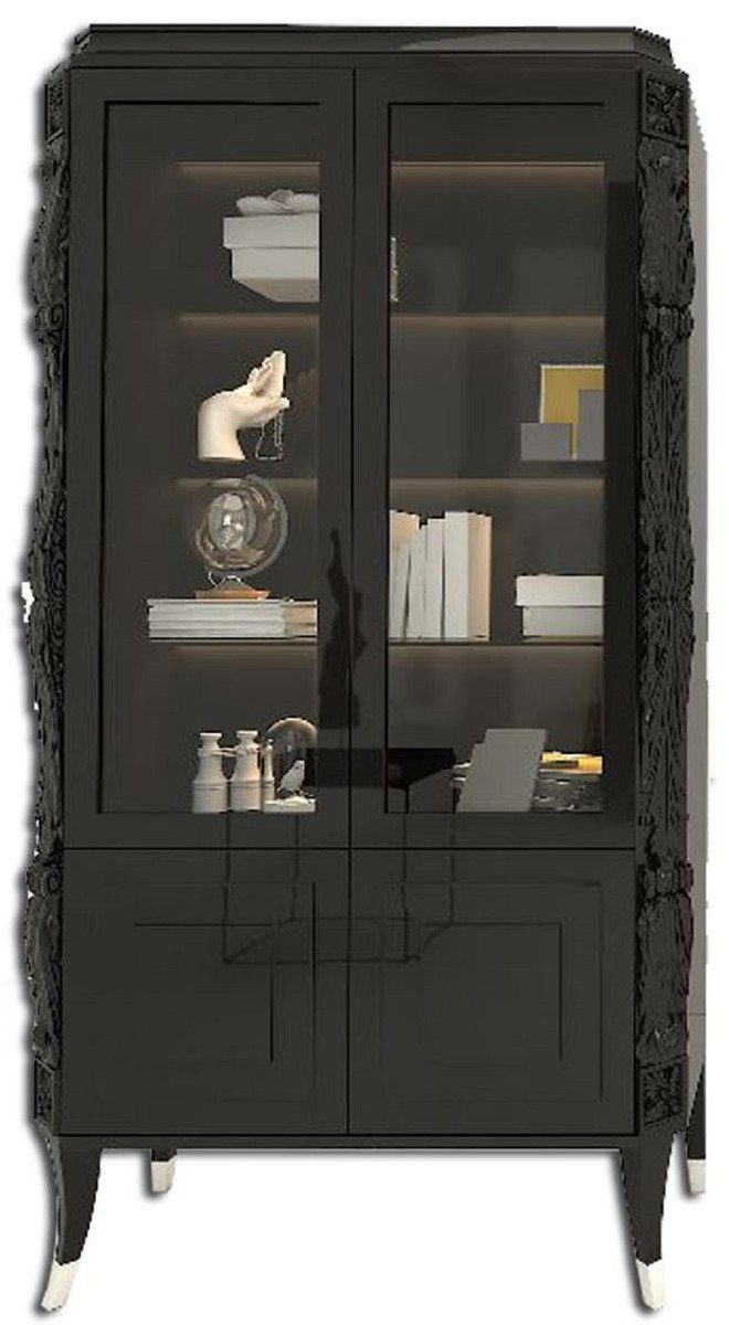 Casa Padrino Vitrine Luxus Art Deco Vitrine Schwarz / Silber - Handgefertigter Massivholz Vitrinenschrank - Art Deco Wohnzimmer Möbel