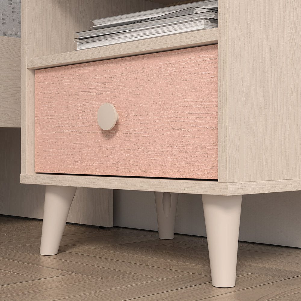 Lomadox Nachtschrank MODICA-131 in sandbeige mit rosa, Schublade, offen, fühlbare Struktur