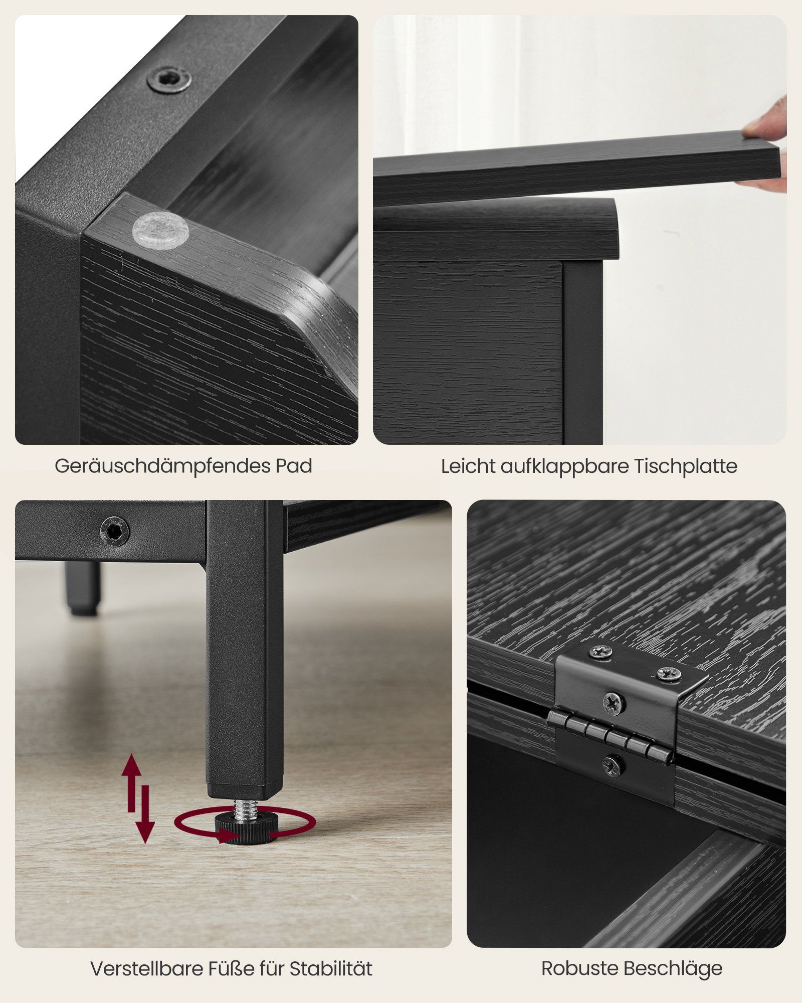 Steckdosen klappbare Schwarz Holzmaserung USB-Anschlüsse, Tischplatte (1-St), VASAGLE und Beistelltisch mit