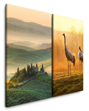 Sinus Art Leinwandbild 2 Bilder je 60x90cm Toskana Italien Idyllisch Kraniche Morgentau schöne Landschaft Finca